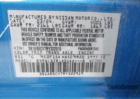 2024 Nissan Sentra Sv Xtronic Cvt from USA, damaged, VIN 3N1AB8CV7RY322919